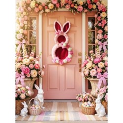 Pink Bunny Wreath with Florals – Spring Easter Door Hanger Decoration