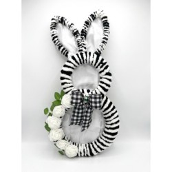 28" Black White Striped Bunny Wreath: Farmhouse Easter Door Hanger, Spring Decor