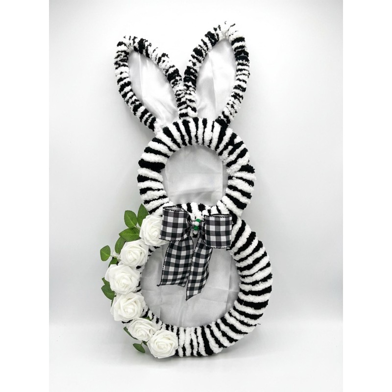28" Black White Striped Bunny Wreath: Farmhouse Easter Door Hanger, Spring Decor