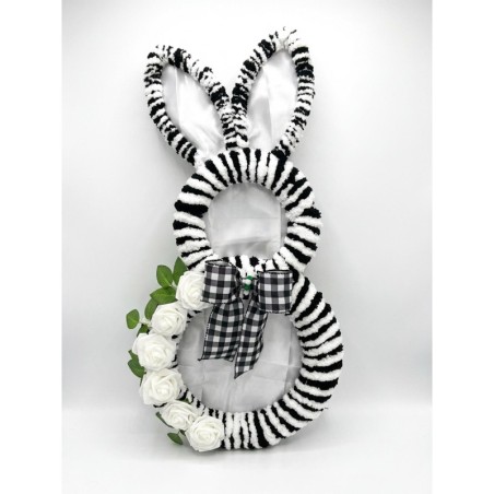 28" Black White Striped Bunny Wreath: Farmhouse Easter Door Hanger, Spring Decor