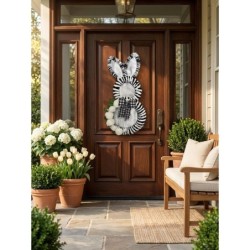 28" Black White Striped Bunny Wreath: Farmhouse Easter Door Hanger, Spring Decor