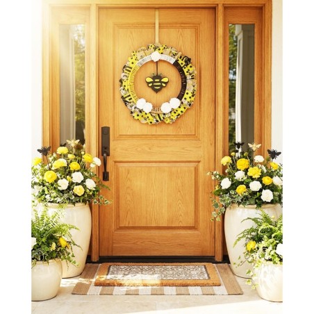 Bee Wreath Yellow Black White Spring Front Door Decor Bumble Bee