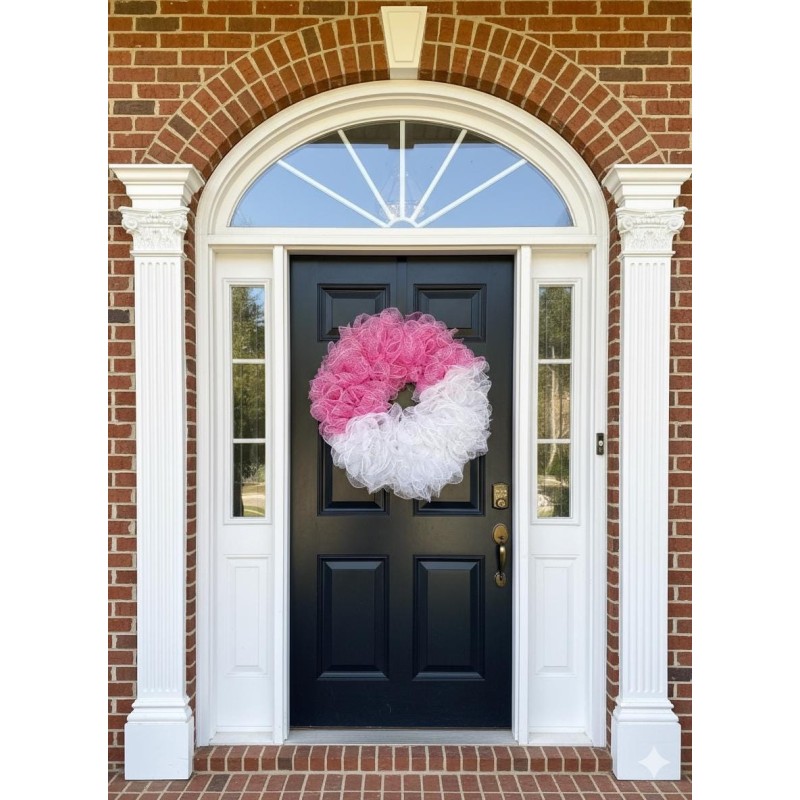 24" Pink & White Breast Cancer Awareness Mesh Wreath – Handmade Front Door Décor