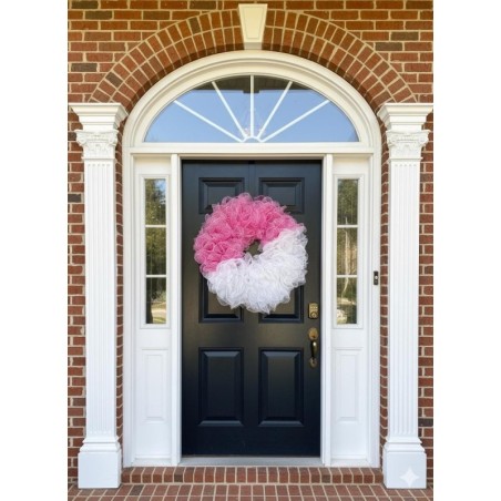 24" Pink & White Breast Cancer Awareness Mesh Wreath – Handmade Front Door Décor