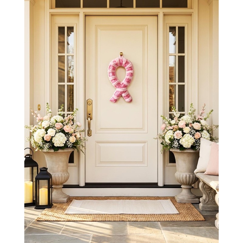 Breast Cancer Awareness Wreath – Pink Ribbon Door Hanger | Support Survivor Decor