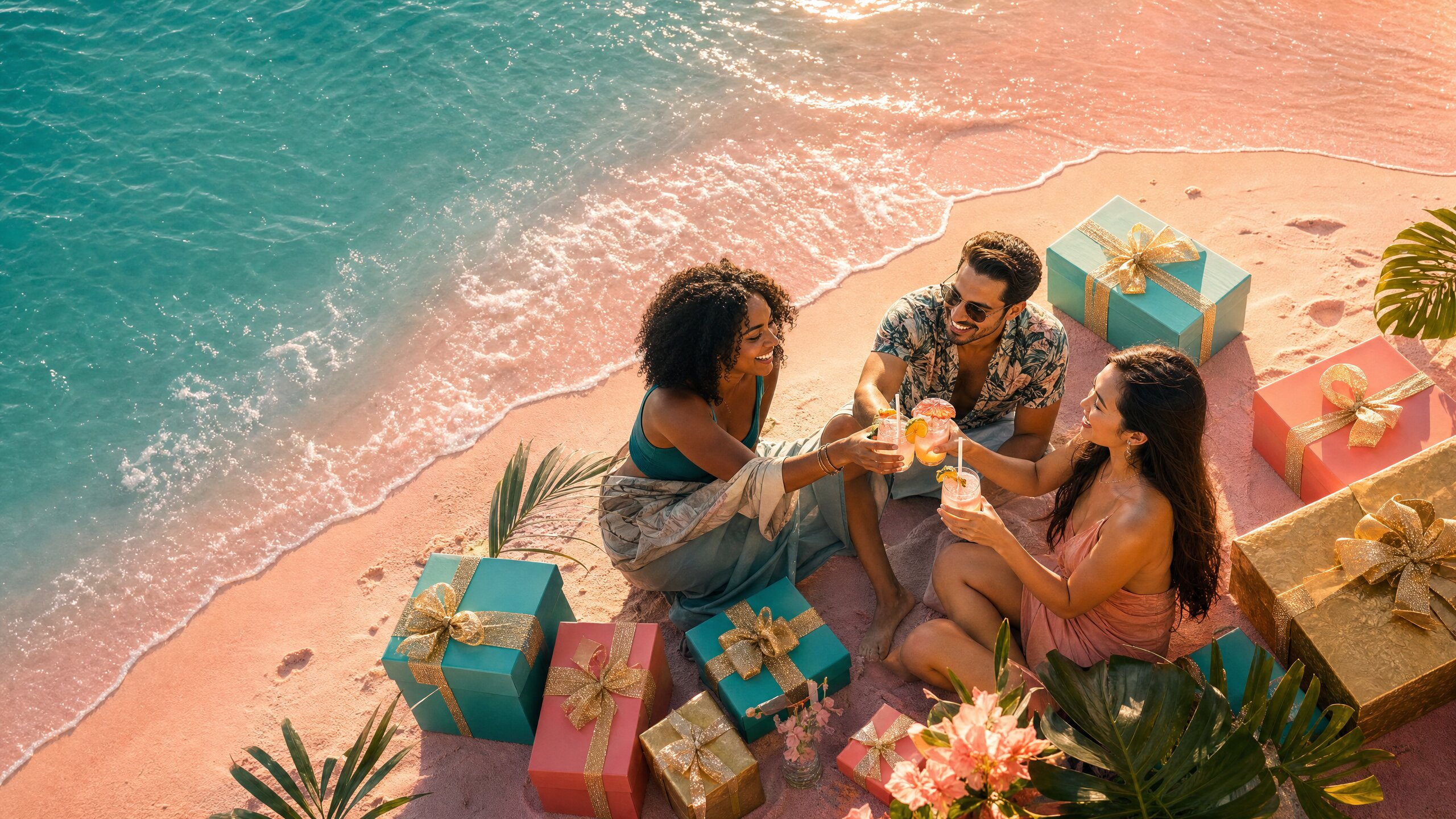 Friends on a pink sand beach surrounded by teal and coral gift boxes