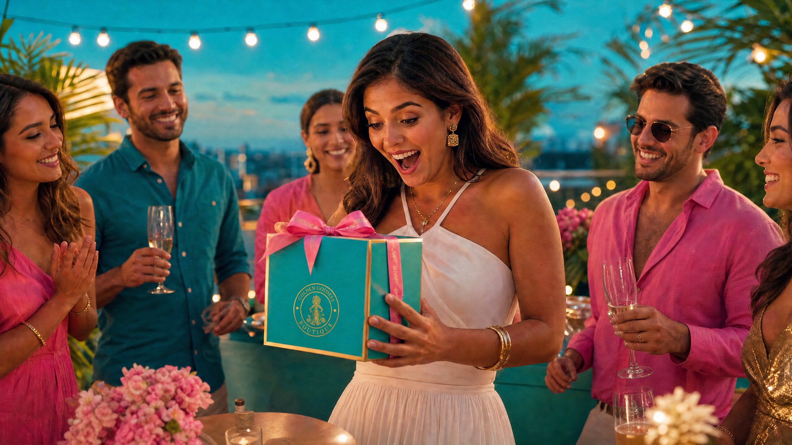 Woman in white dress opening a teal Golden Goddess Boutique gift box at a rooftop celebration with friends
