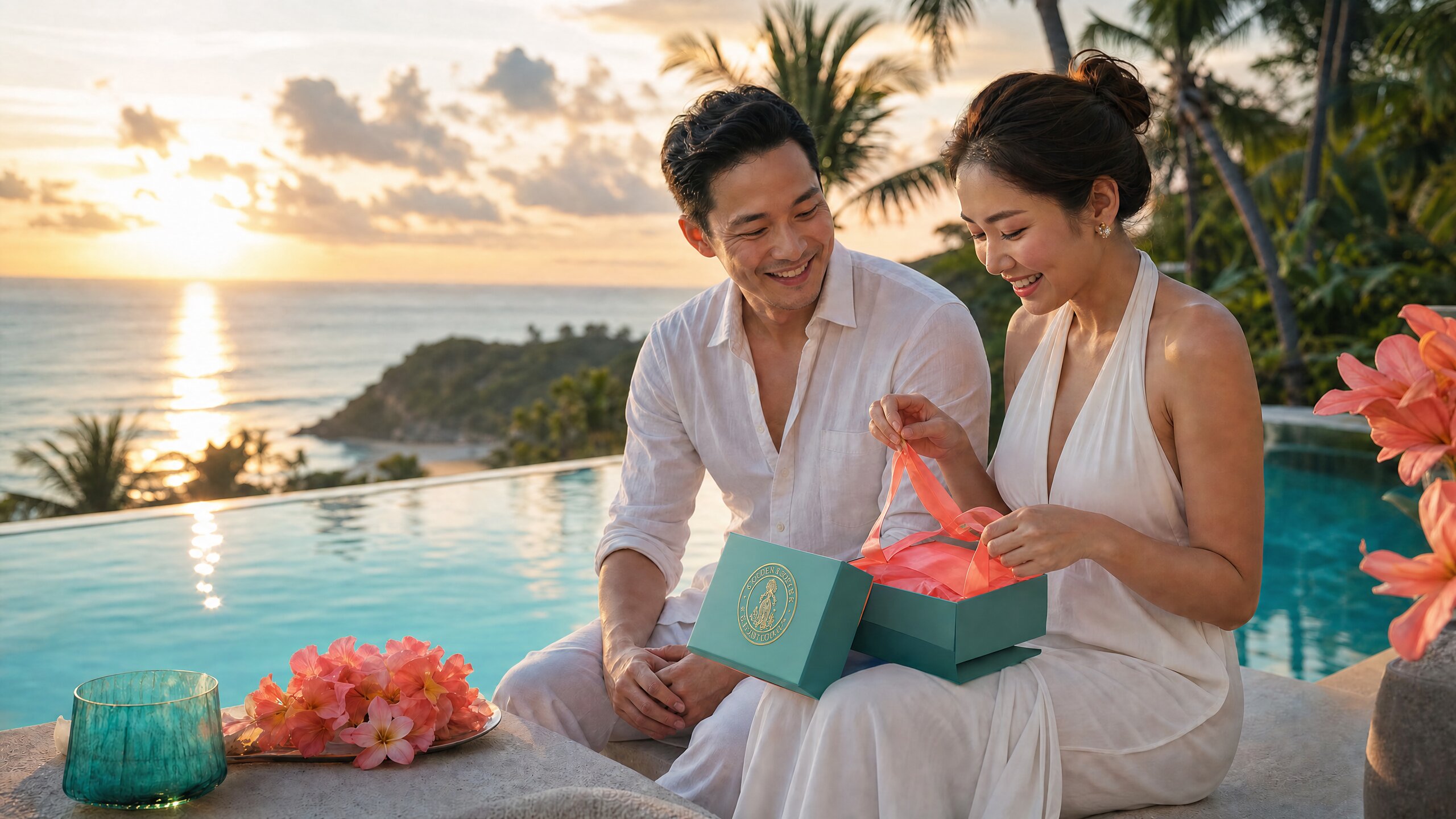 Couple at a tropical infinity pool at sunset, woman opening a teal Golden Goddess Boutique gift box